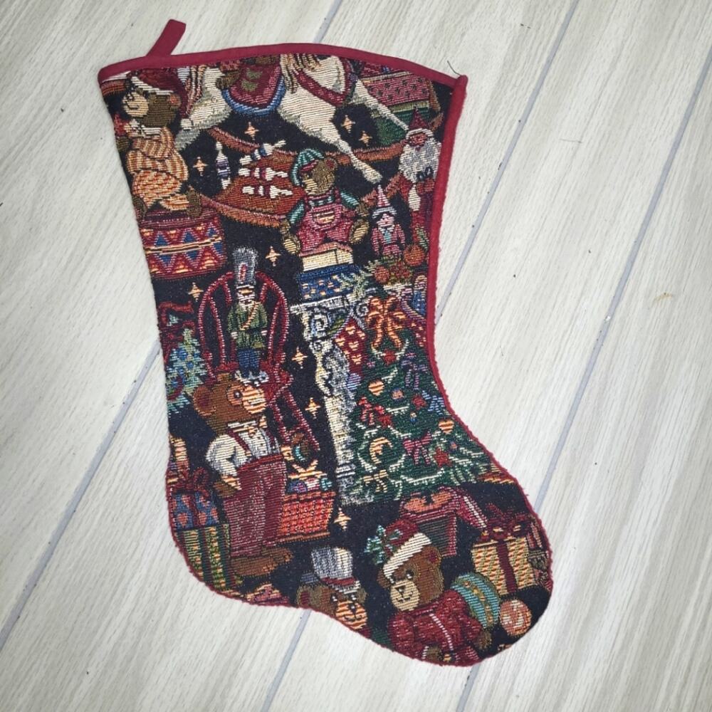 Vintage Tapestry Cross Stitch Stocking Teddy Bear Family Celebrating Christmas